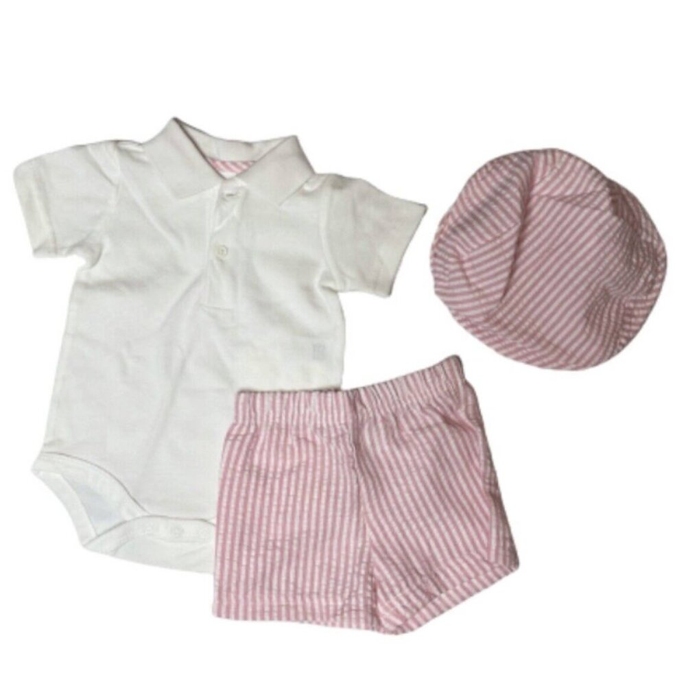 Starting Out 3PC White Collared Onesie, Pink & White Striped Shorts & Hat, NWT!